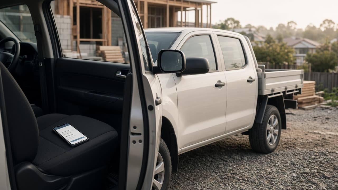 A builder in a hi-vis vest checks his phone at the back of his ute.